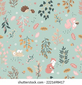 Forest seamless pattern with cute animals - fox, deer, squirrel, rabbit, hedgehog. A pattern of leaves and berries. Vector illustration