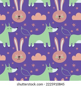 Forest seamless pattern with cute animals - fox and rabbit. Vector illustration Scandinavian style flat design. Concept for kids, textile print, poster, card EPS