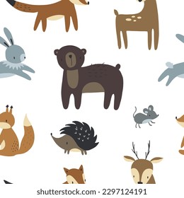 Forest seamless pattern with cute animals - elk, bear, rabbit, hedgehog and fox. Vector illustration