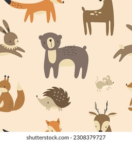 Forest seamless pattern with cute animals - elk, bear, rabbit, hedgehog and fox. Vector illustration