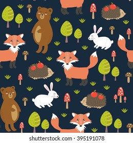 Forest seamless pattern with cute animals. Vector illustration