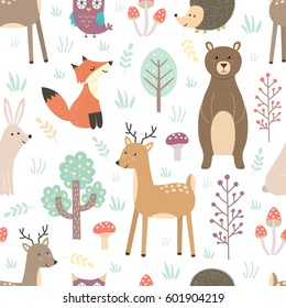 Forest seamless pattern with cute animals - fox, deer, bear, rabbit, hedgehog and owl. Vector illustration