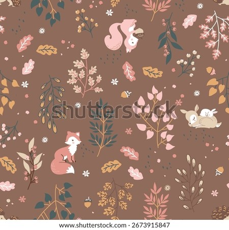 Forest seamless pattern with cute animals - fox, deer, squirrel, rabbit, hedgehog. A pattern of leaves and berries. Vector illustration	
