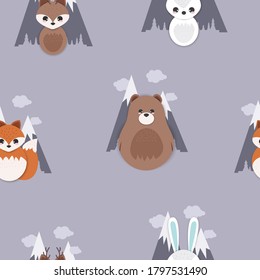 Forest seamless pattern with cute animals-fox, deer, bear, rabbit. Vector illustration.