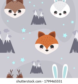 Forest seamless pattern with cute animals-fox, deer, rabbit. Vector illustration.