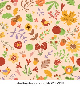 Forest seamless pattern with cute flowers mushrooms birds Vector kids illustration, natural background in children style.