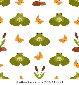 Forest seamless pattern with cute frogs sitting on water lilies.