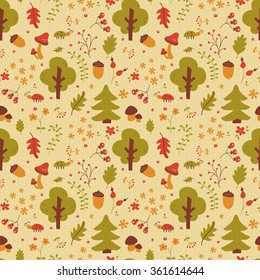 Forest seamless pattern with cute hand drawn elements. Vector background for baby or nature design.