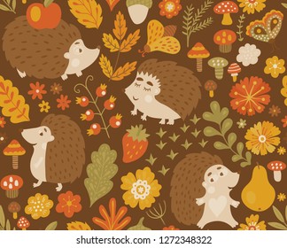 Forest seamless pattern with cute hedgehog, flowers, butterflies. Vector kids illustration, natural backdrop in children style.