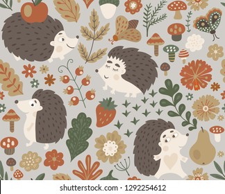 Forest seamless pattern with cute hedgehog, flowers, butterflies. Vector kids illustration, natural backdrop in children style.