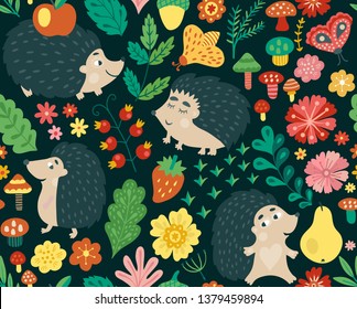 Forest seamless pattern with cute hedgehog, flowers, butterflies. Vector kids illustration, natural backdrop in children style.
