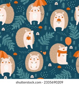 Forest seamless pattern with cute hedgehog. Hand drawn vector illustration. 