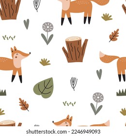 Forest seamless pattern with cute little foxes and trees. Vector texture in childish style great for fabric and textile, wallpapers, web page backgrounds, cards and banners design