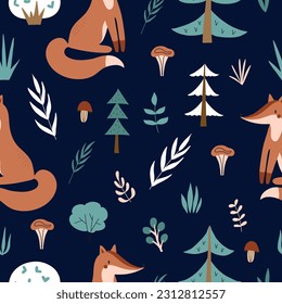 Forest seamless pattern with cute little foxes and trees. Vector texture in childish style great for fabric and textile, wallpapers, web page backgrounds, cards and banners design