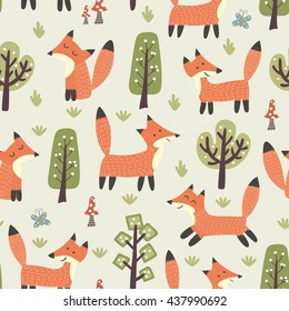 Forest seamless pattern with cute little foxes and trees. Vector texture in childish style great for fabric and textile, wallpapers, web page backgrounds, cards and banners design