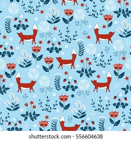 Forest seamless pattern with cute little foxes and trees. Vector texture in childish style great for fabric and textile, wallpapers, web page backgrounds, cards and banners design