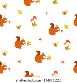 Forest seamless pattern with cute squirrel leaves and mushrooms