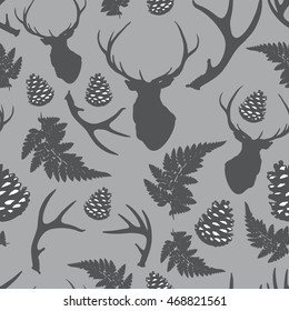 Forest seamless pattern with deer, antler, pine cones and fern on gray background. Vector illustration eps 8