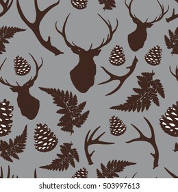 Forest seamless pattern with deer, antler, pine cones and fern on gray background. Vector illustration eps 8