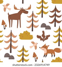 Forest seamless pattern. Deer and fox between trees isolated on white background. Square repeat pattern design. Vector illustration.