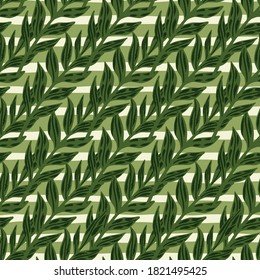 Forest seamless pattern with diagonal foliage ornament. Light stripped background. Botanic artwork in green tones. Decorative print for wallpaper, textile, wrapping, fabric print. Vector illustration