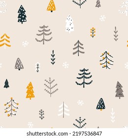 Forest Seamless Pattern With Different Christmas Trees. Vector Naive Hand Drawn Illustration In Simple Scandinavian Style. The Limited Earthy Palette Is Ideal For Printing Textiles, Fabric, Wrapping