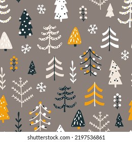 Forest Seamless Pattern With Different Christmas Trees. Vector Naive Hand Drawn Illustration In Simple Scandinavian Style. The Limited Earthy Palette Is Ideal For Printing Textiles, Fabric, Wrapping