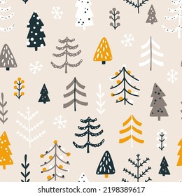 Forest Seamless Pattern With Different Christmas Trees. Vector Naive Hand Drawn Illustration In Simple Scandinavian Style. The Limited Earthy Palette Is Ideal For Printing Textiles, Fabric, Wrapping