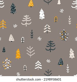 Forest Seamless Pattern With Different Christmas Trees. Vector Naive Hand Drawn Illustration In Simple Scandinavian Style. The Limited Earthy Palette Is Ideal For Printing Textiles, Fabric, Wrapping