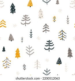 Forest Seamless Pattern With Different Christmas Trees. Vector Naive Hand Drawn Illustration In Simple Scandinavian Style. The Limited Earthy Palette Is Ideal For Printing Textiles, Fabric, Wrapping