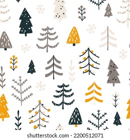 Forest Seamless Pattern With Different Christmas Trees. Vector Naive Hand Drawn Illustration In Simple Scandinavian Style. The Limited Earthy Palette Is Ideal For Printing Textiles, Fabric, Wrapping.