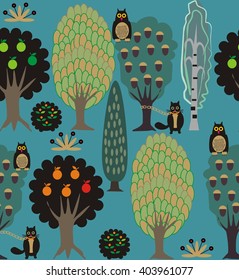  Forest. A seamless pattern of Fairy Tale Forest with oaks, apple trees, birch trees which are sitting owls and black cats walk on a blue background.