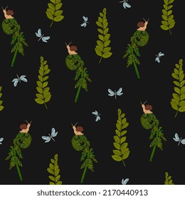forest seamless pattern. Ferns, snails and dragonflies
