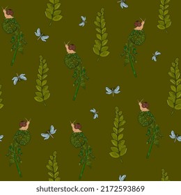 forest seamless pattern. Ferns, snails and dragonflies