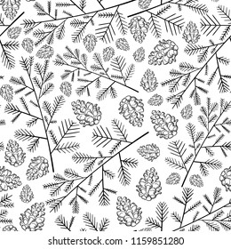 Forest seamless pattern with fir, pine branches and cones. Simple texture for linen. wallpaper, wrapping paper, textile, fabric print, background. Black and white scandinavian botanical illustration.