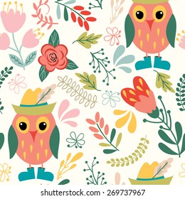 Forest seamless pattern. Floral background. Owl,  flower, leaf.Use it as pattern fills, web page background, surface textures, fabric or paper, backdrop design. Summer template.