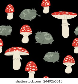 Forest seamless pattern: fly agarics and toads on  black background. Vector illustration for fabric.