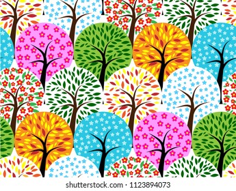 Forest seamless pattern of a four season tree. Spring, summer, autumn and winter. Abstrac colorful floral. Vector illustration
