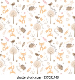 Forest seamless pattern with fox, bird, hedgehog, flowers and trees in childish cartoon style. Vector pattern can be used for wallpaper, pattern fills, web page background, textile print