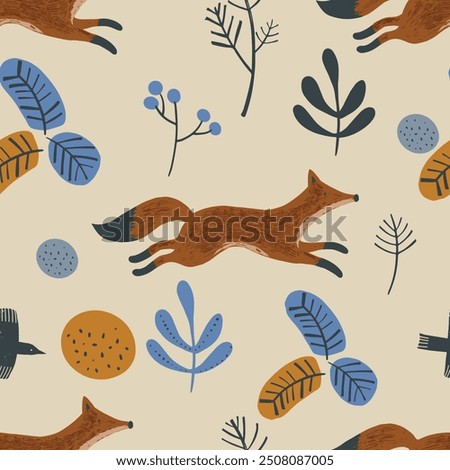 Forest Seamless pattern with fox. Hand drawn vector illustration. 