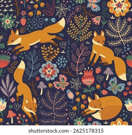 Forest seamless pattern with foxes