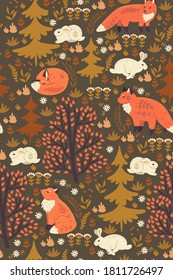 Forest seamless pattern with foxes and hares. Vector graphics.