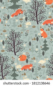 Forest seamless pattern with foxes and hares. Vector graphics.