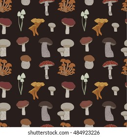 forest seamless pattern with fungus, color mushrooms