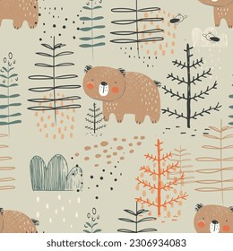 Forest seamless pattern with funny bear . Hand drawn vector illustration. For kids fabric, wrapping, textile, wallpaper, apparel. Vector illustration