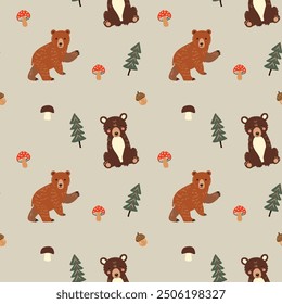 Forest seamless pattern with funny bear . Hand drawn vector illustration. For kids fabric, wrapping, textile, wallpaper, apparel. Vector illustration