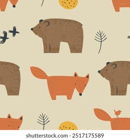 Bosque sin patrón con divertido oso y zorro. Ilustración vectorial dibujada a mano. Para la tela de los niños, envoltura, textil, Fondo de pantalla, ropa. Ilustración vectorial