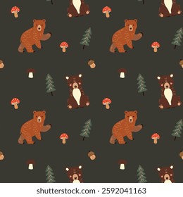 Forest seamless pattern with funny bear . Hand drawn vector illustration. For kids fabric, wrapping, textile, wallpaper, apparel. Vector illustration