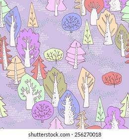 Forest seamless pattern. Funny cute trees in cartoon style. Can be used for curtains, wallpaper, pattern fills, web page background, surface textures, children's clothing.
