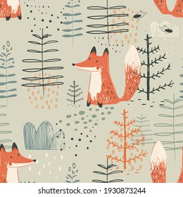 Forest seamless pattern with funny fox . Hand drawn vector illustration. For kids fabric, wrapping, textile, wallpaper, apparel. Vector illustration